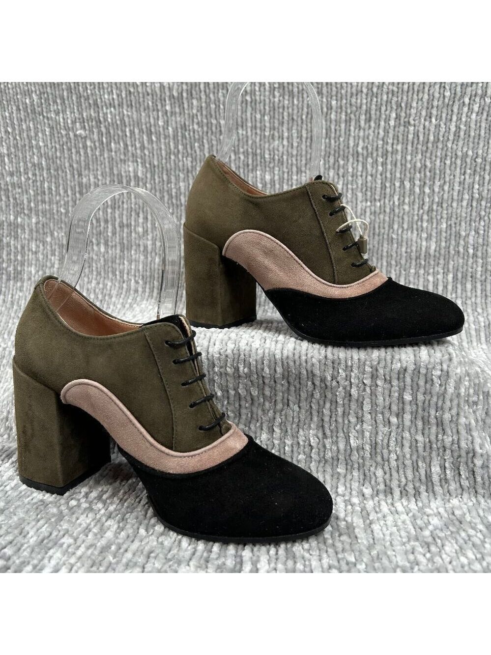 L'Autre Chose Olive, Black Italian Suede Leather Stack Heel Ankle Boot Bootie 36
